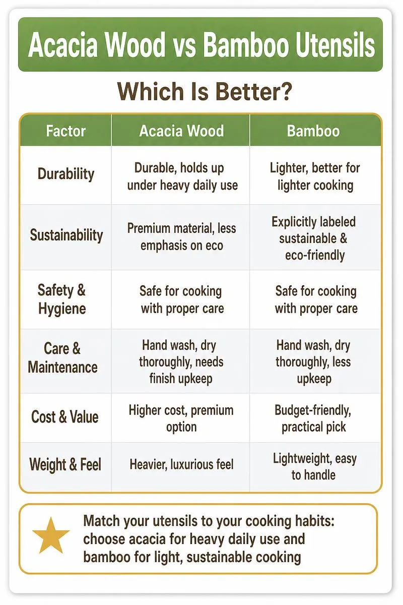 Infographic comparing acacia wood vs bamboo utensils across durability, sustainability, safety, care, cost, and weight