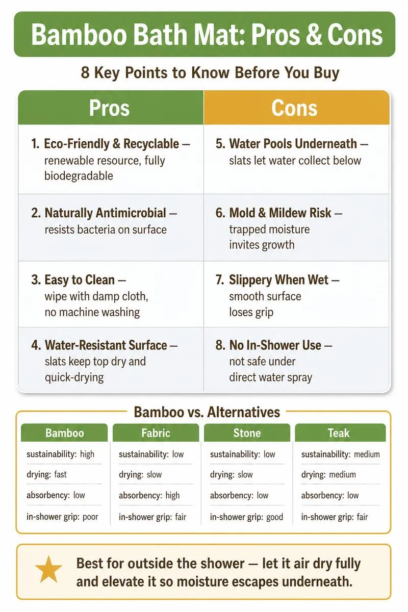 Infographic summarizing 8 pros and cons of bamboo bath mats with comparison table and care tip