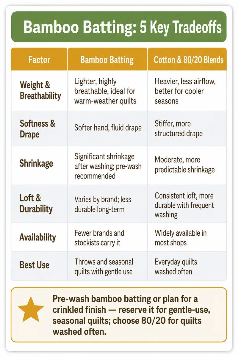 Infographic comparing bamboo batting pros and cons: weight, softness, shrinkage, loft, availability, and best use versus cotton blends.