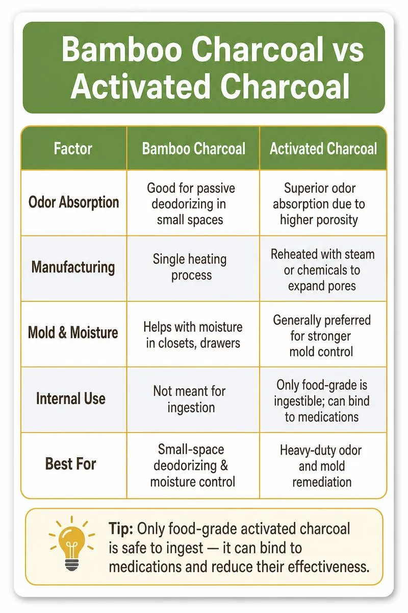 Infographic comparing bamboo charcoal vs activated charcoal for odor, moisture, and safety uses.