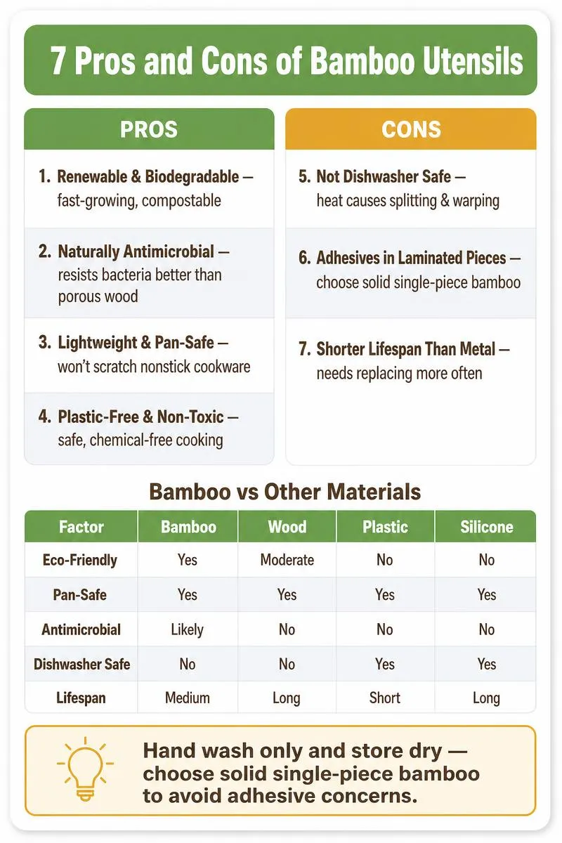 Infographic listing 7 pros and cons of bamboo cooking utensils with a comparison table and a hand-wash care tip.