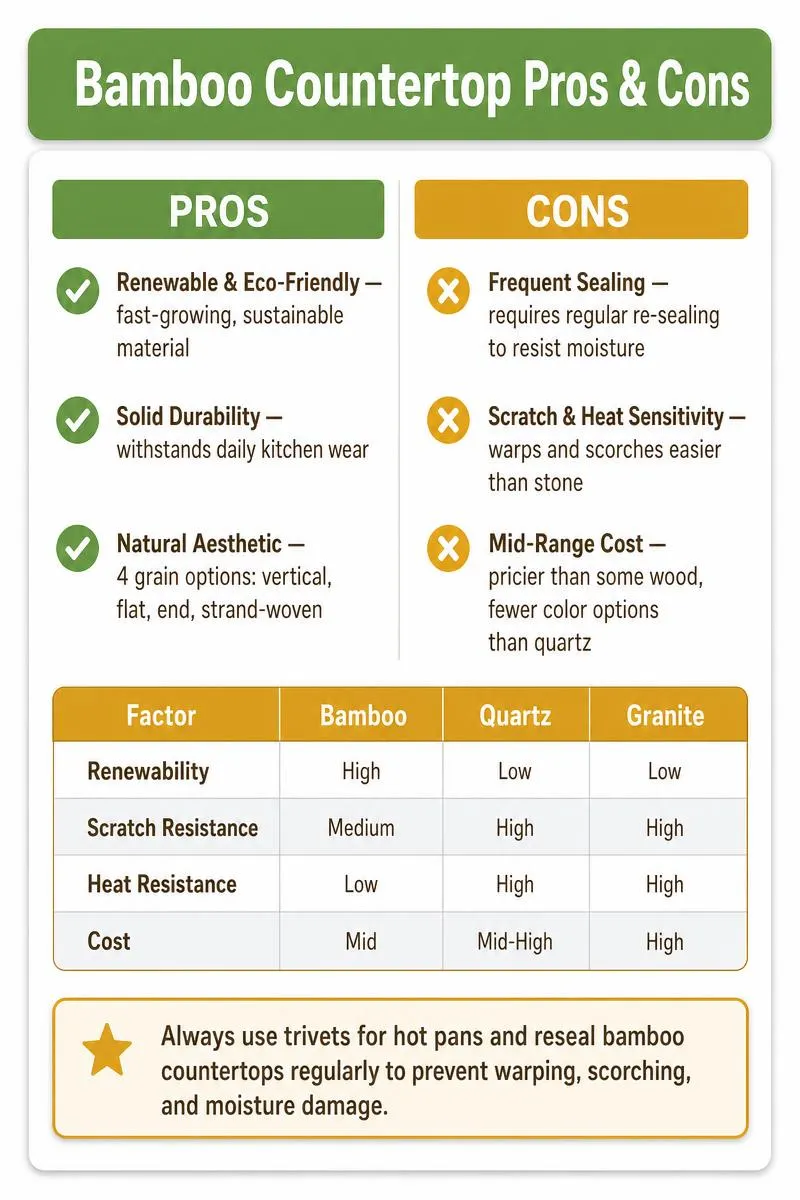 Infographic comparing six pros and cons of bamboo countertops with a bamboo vs quartz vs granite comparison table and maintenance tip