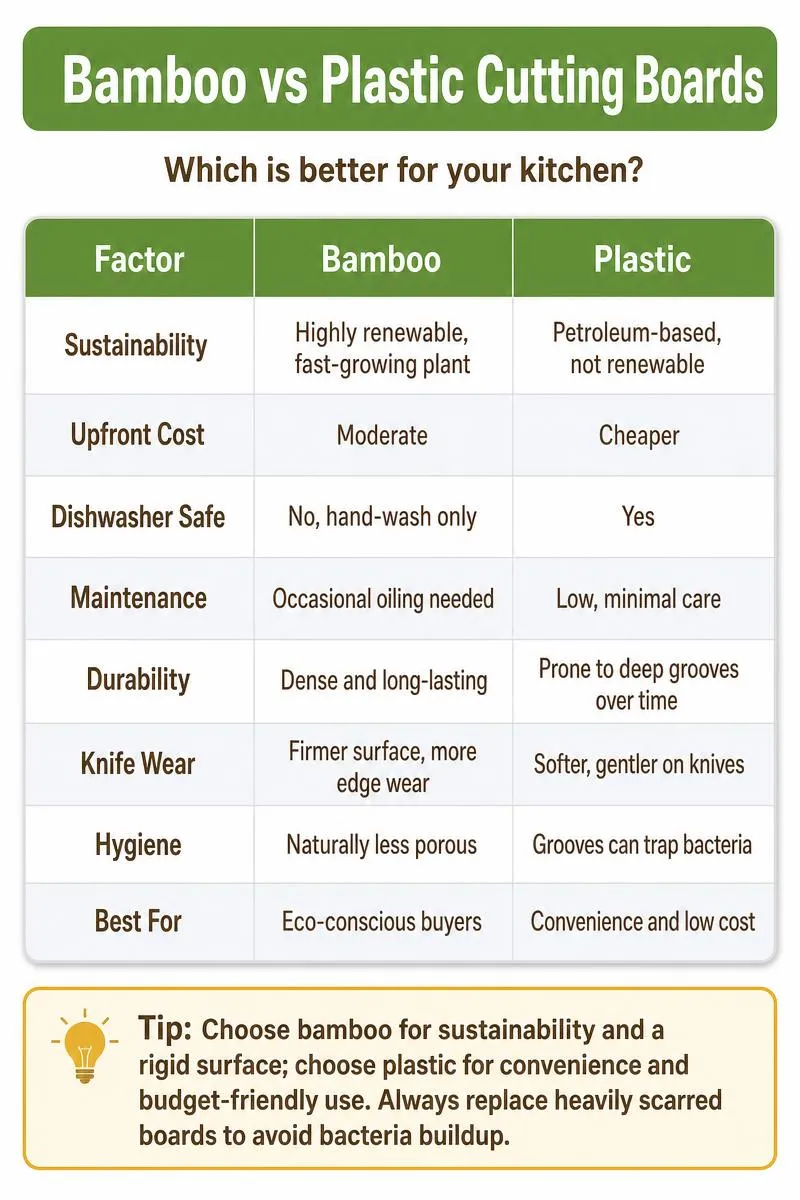 Bamboo vs plastic cutting boards comparison infographic with pros, cons, and key takeaways in green and gold accents