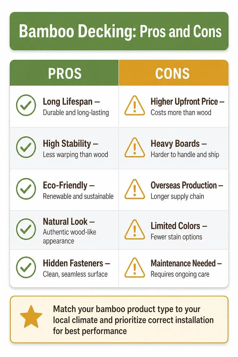 Bamboo Decking Pros and Cons infographic comparing five benefits like eco-friendly material and long lifespan against five drawbacks including cost, weight, and maintenance