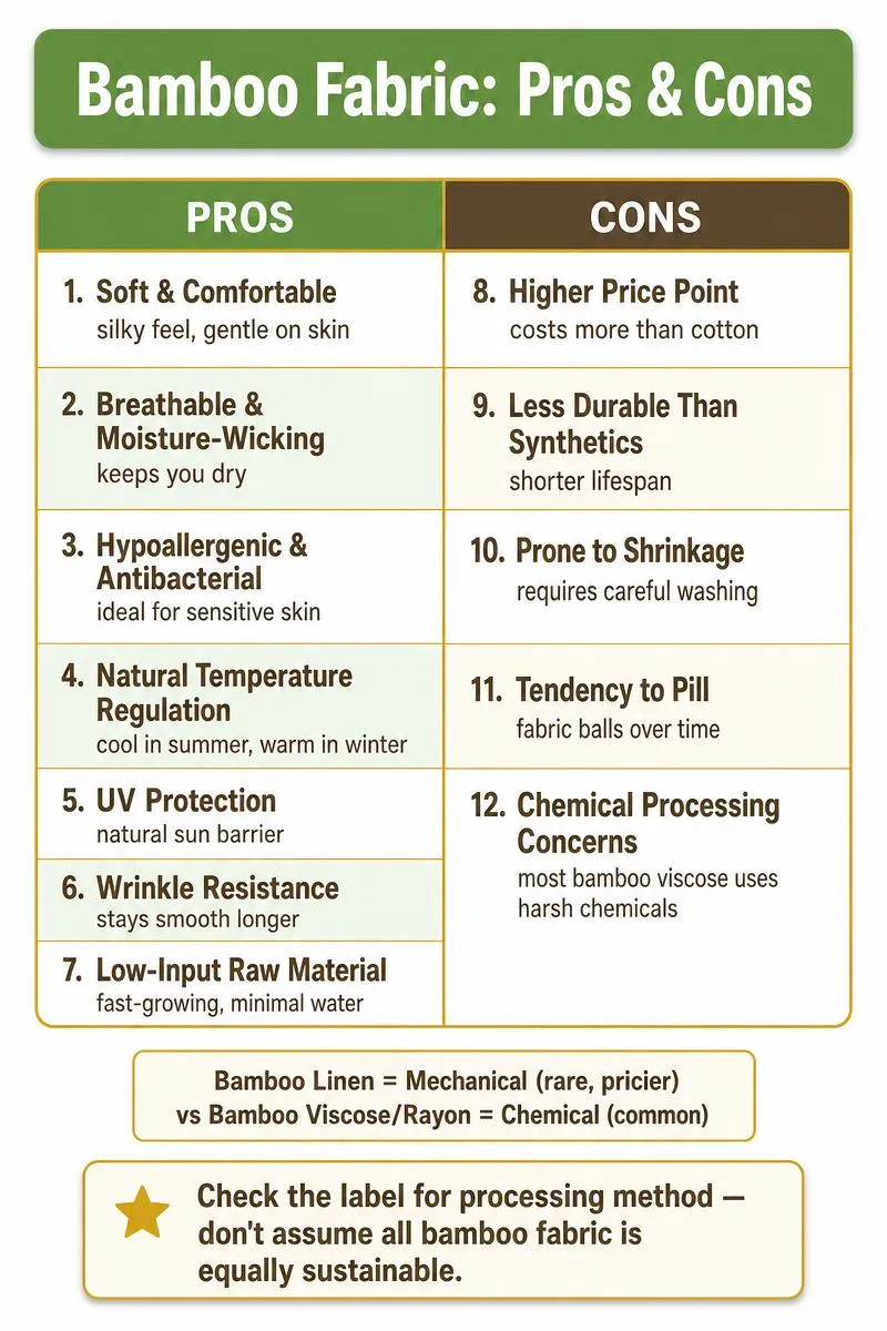 Infographic: 12 pros and cons of bamboo fabric with comparison table and sustainability label-checking tip