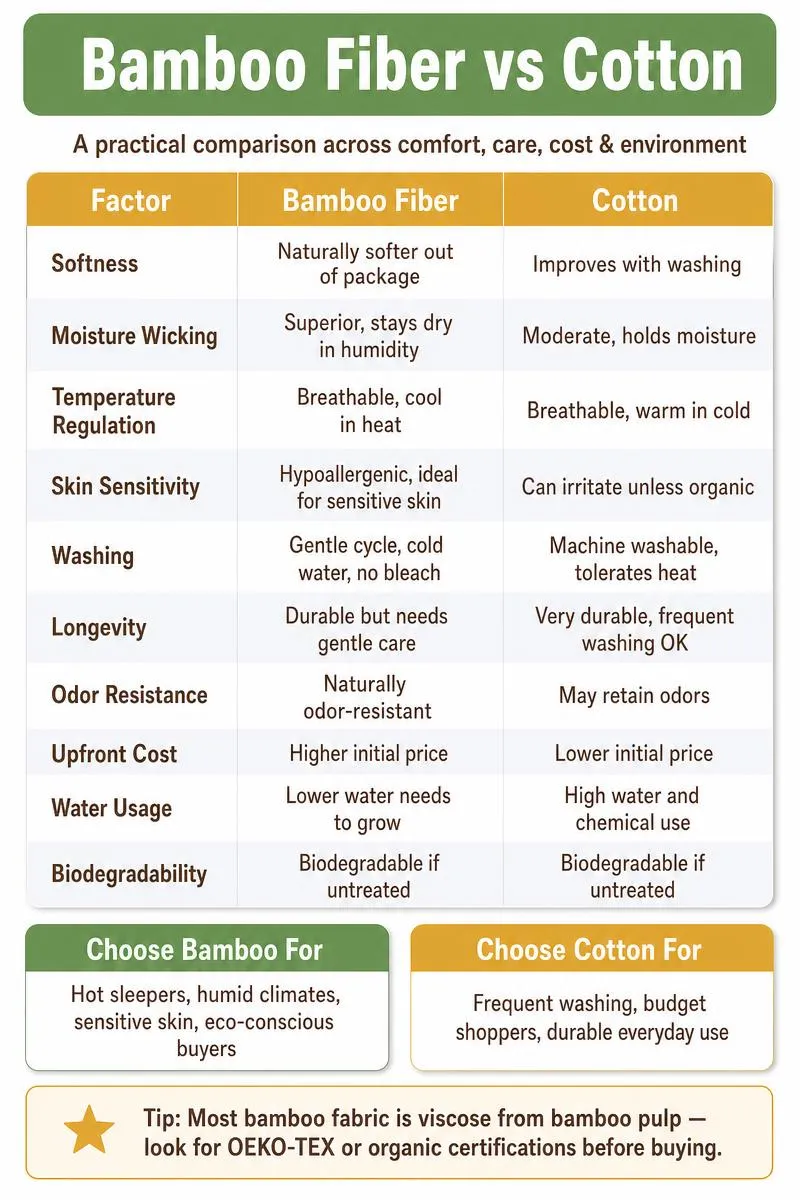 Infographic comparing bamboo fiber vs cotton across comfort, durability, cost, and environmental impact with a tip on certifications.