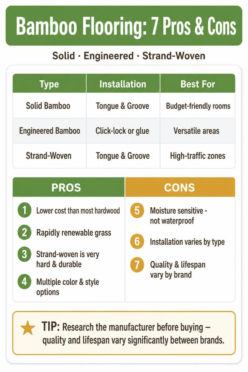 Infographic summarizing 7 pros and cons of bamboo flooring with types comparison table and actionable buying tip.