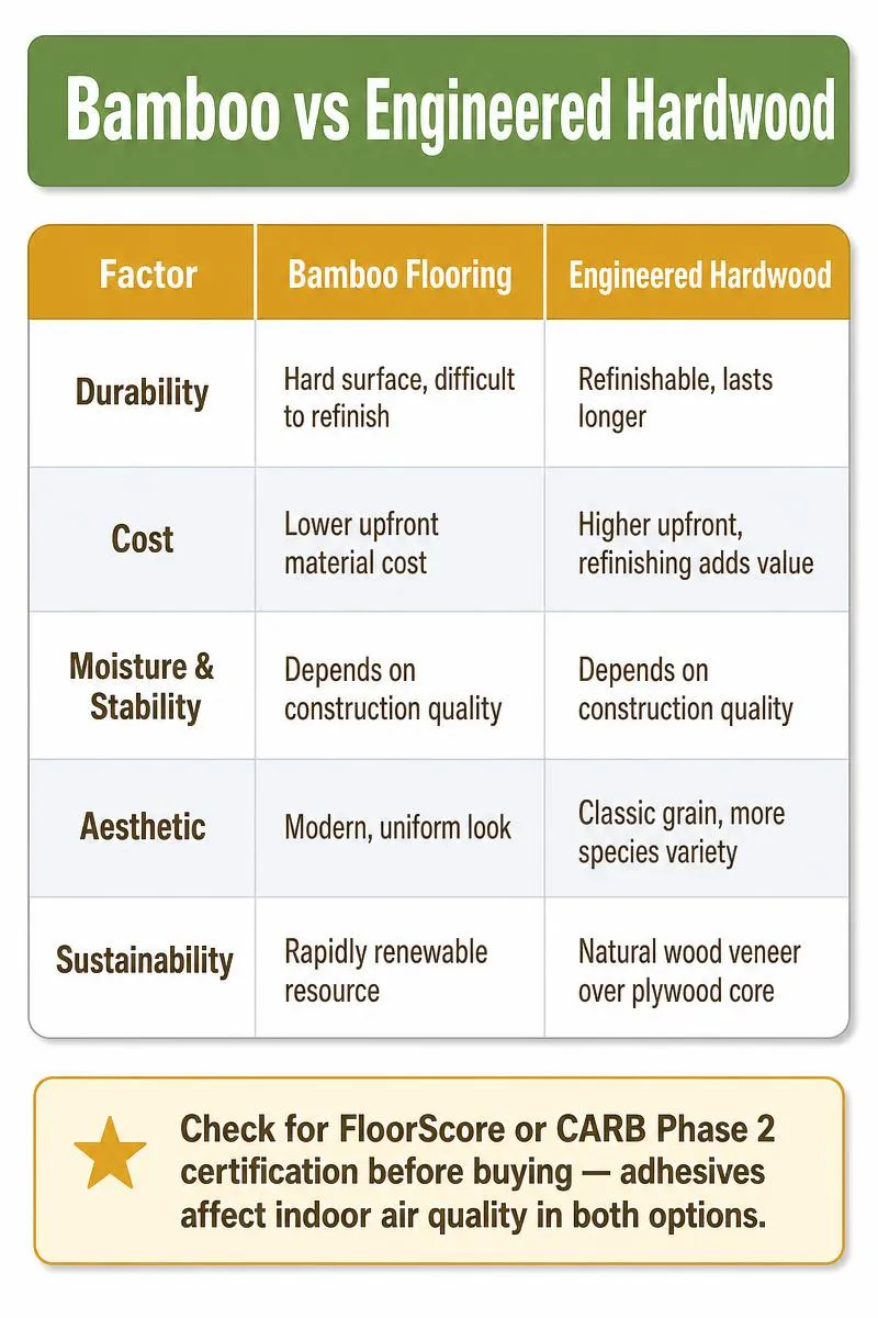 Infographic comparing bamboo flooring and engineered hardwood across durability, cost, moisture, aesthetics, and sustainability.