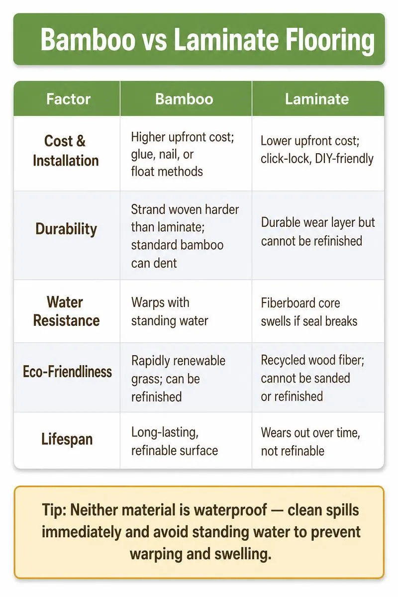 Infographic comparing bamboo vs laminate flooring across cost, durability, water resistance, eco-friendliness, and lifespan with a spill-cleanup tip.
