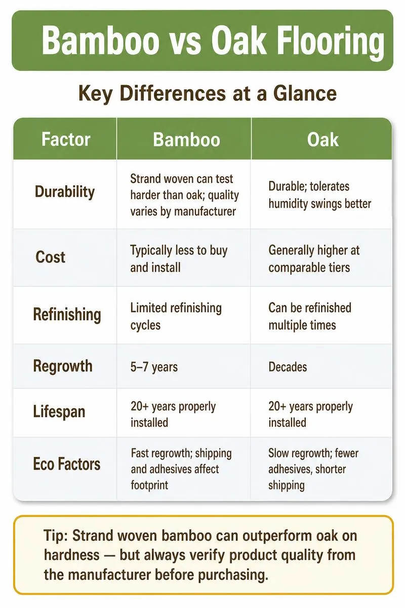 Infographic comparing bamboo vs oak flooring across durability, cost, eco-impact, appearance, and lifespan with key takeaway tip.