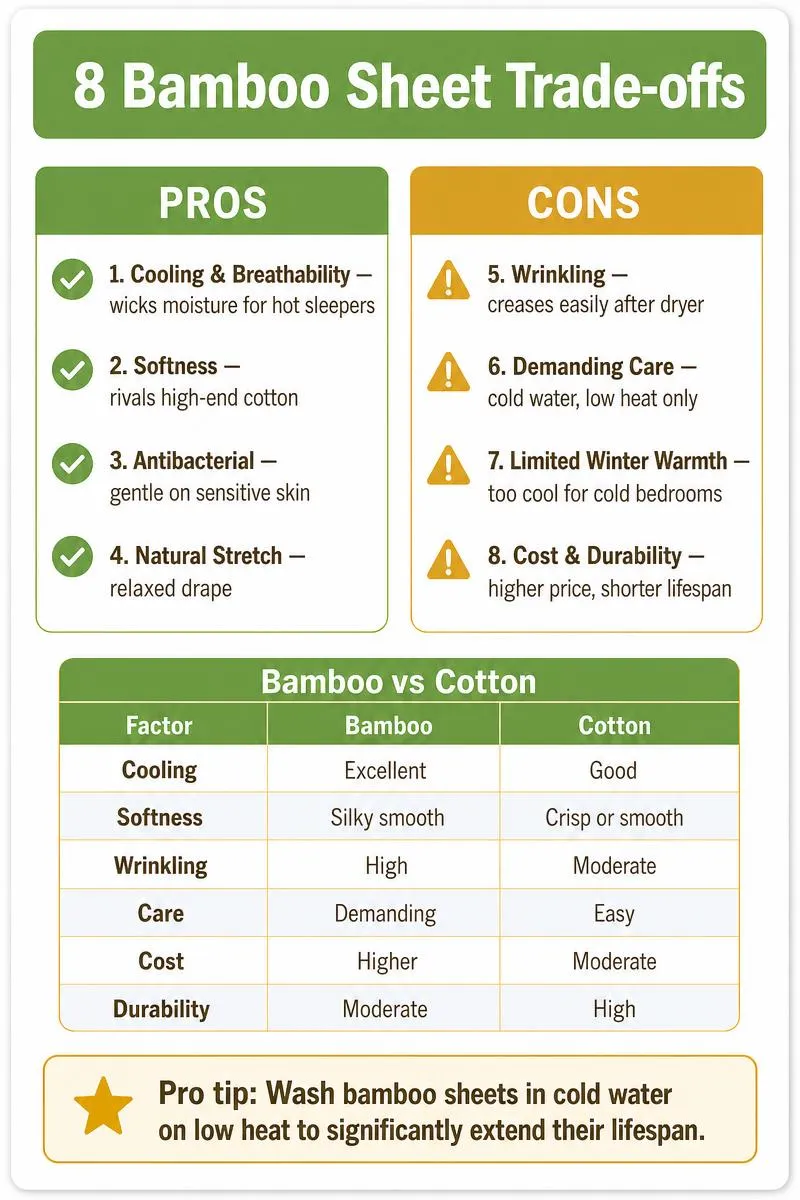 Infographic: 8 bamboo sheet pros and cons with bamboo vs cotton comparison table and cold-water wash tip