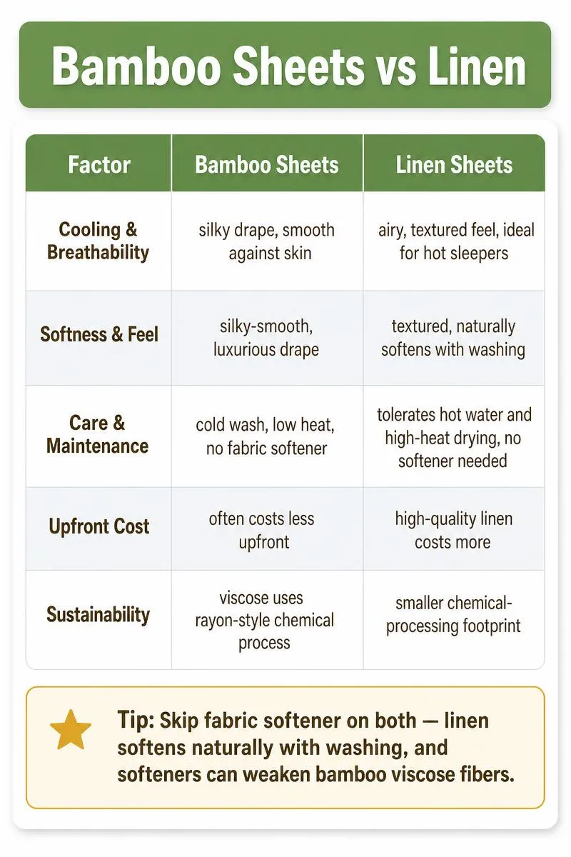 Infographic comparing bamboo sheets vs linen sheets across cooling, softness, care, cost, and sustainability factors.