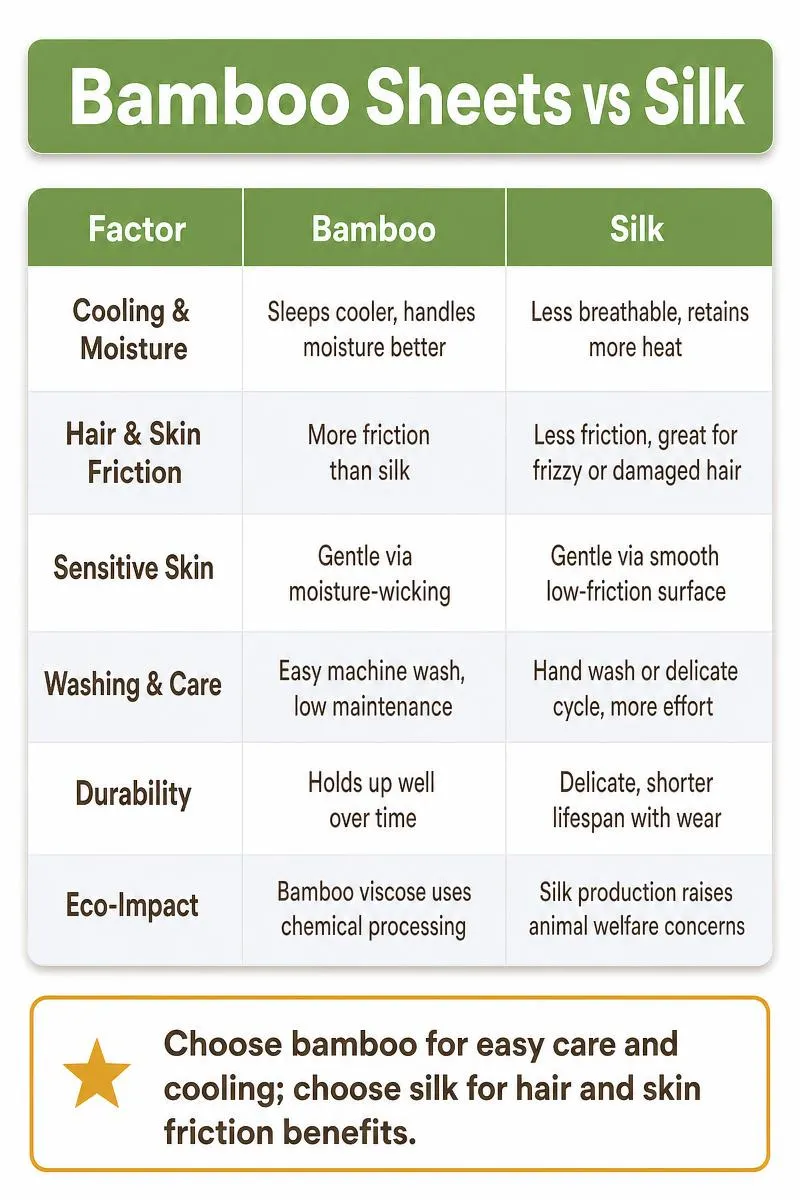 Infographic comparing bamboo sheets vs silk sheets on cooling, friction, care, durability, and eco-impact with a buying tip.