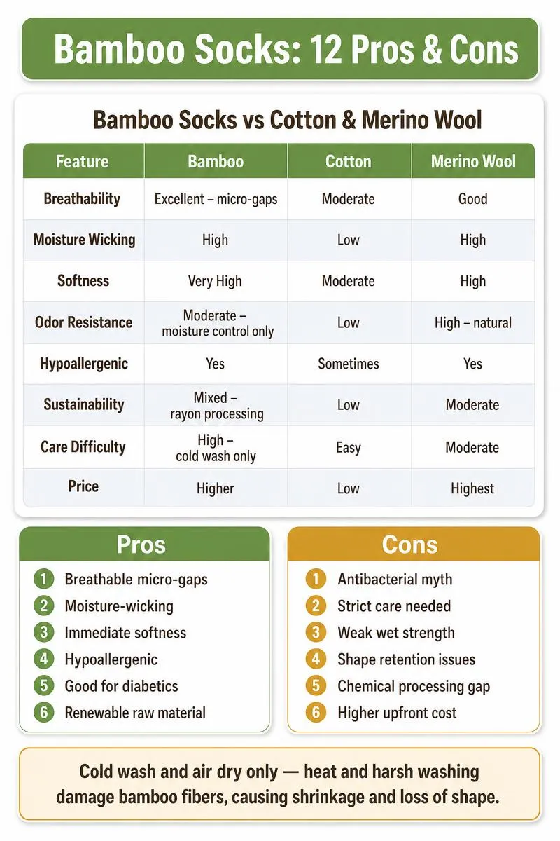 Infographic comparing bamboo socks vs cotton and merino wool with 6 pros, 6 cons, and cold-wash care tip