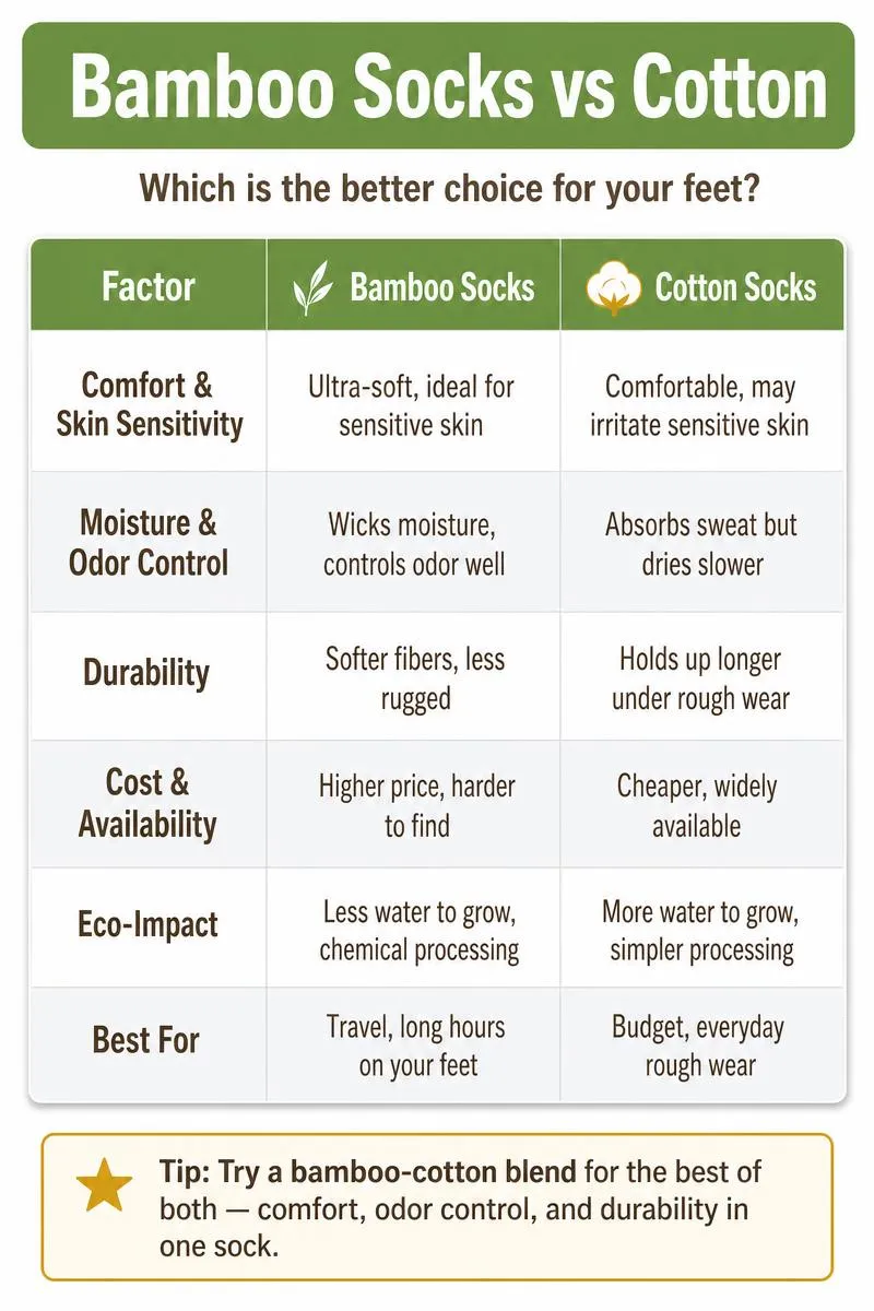 Infographic comparing bamboo socks vs cotton socks across comfort, moisture, durability, cost, and eco-impact with a blend recommendation tip.
