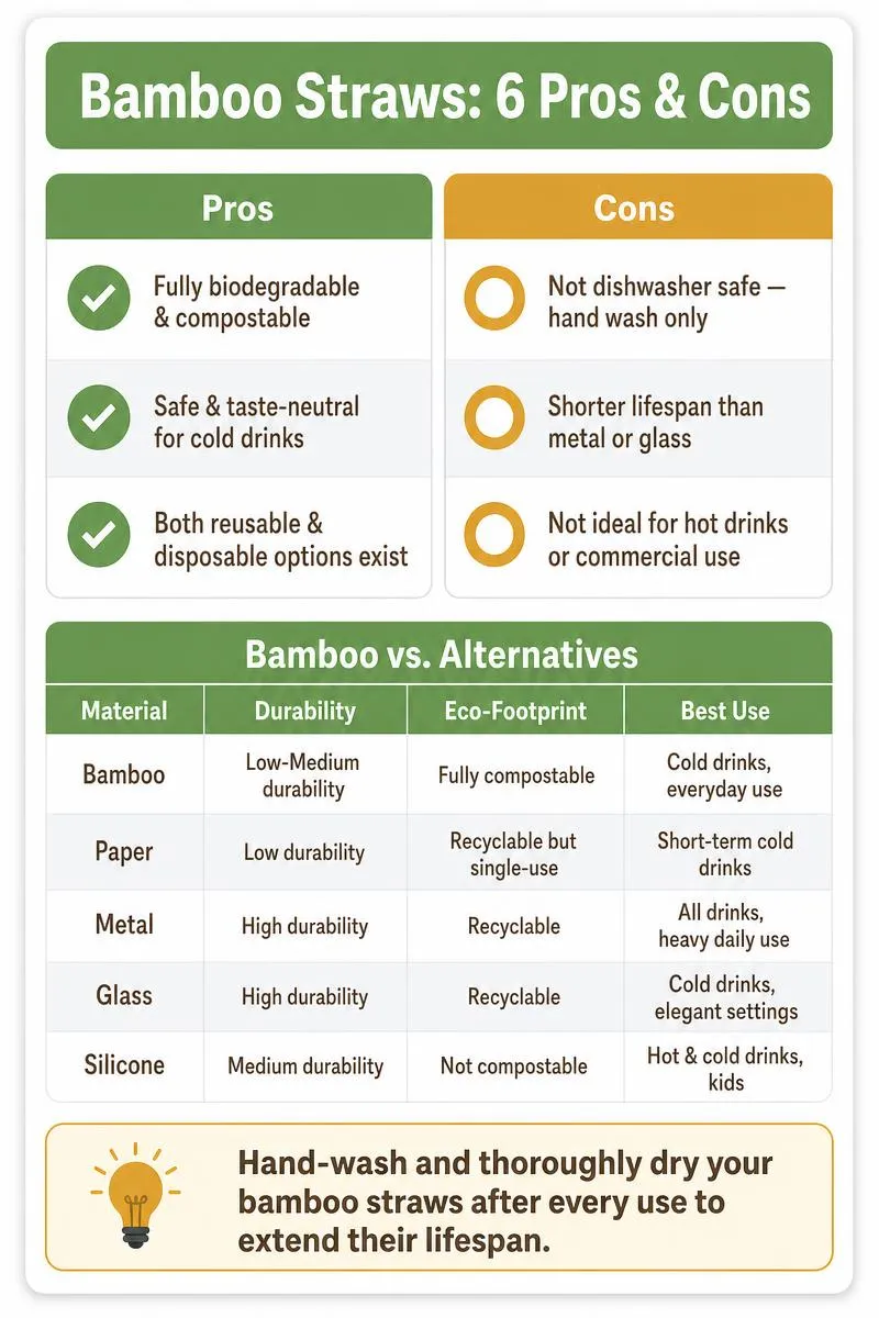 Infographic on bamboo straws pros, cons, and comparison with paper, metal, glass, and silicone alternatives.
