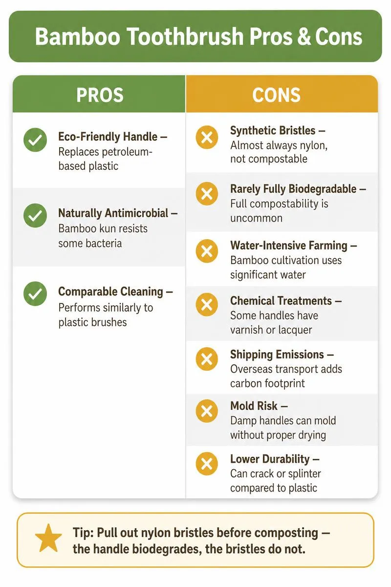 Infographic comparing pros and cons of bamboo toothbrushes with eco tips