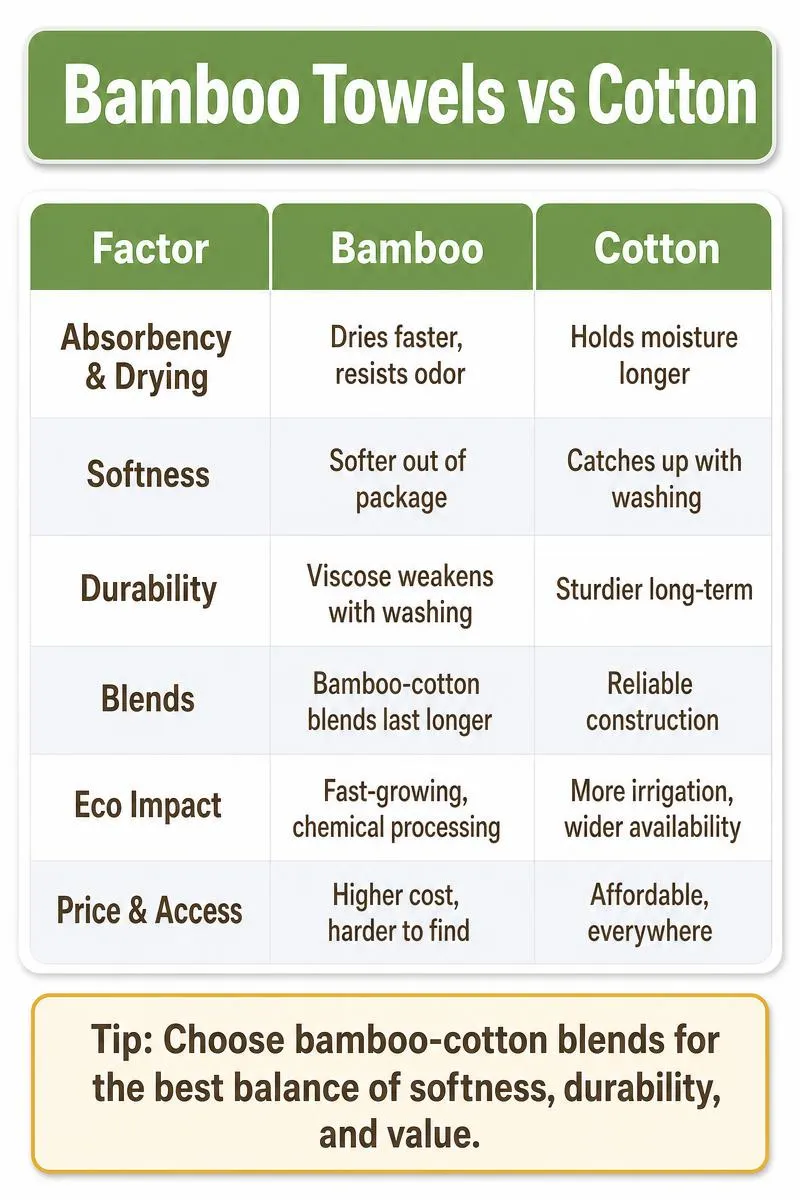 Infographic comparing bamboo towels vs cotton on absorbency, softness, durability, eco-impact, and price