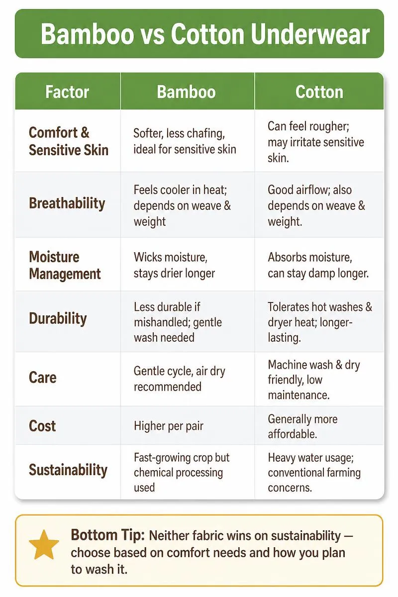 Infographic comparing bamboo vs cotton underwear on comfort, breathability, durability, cost, and sustainability.