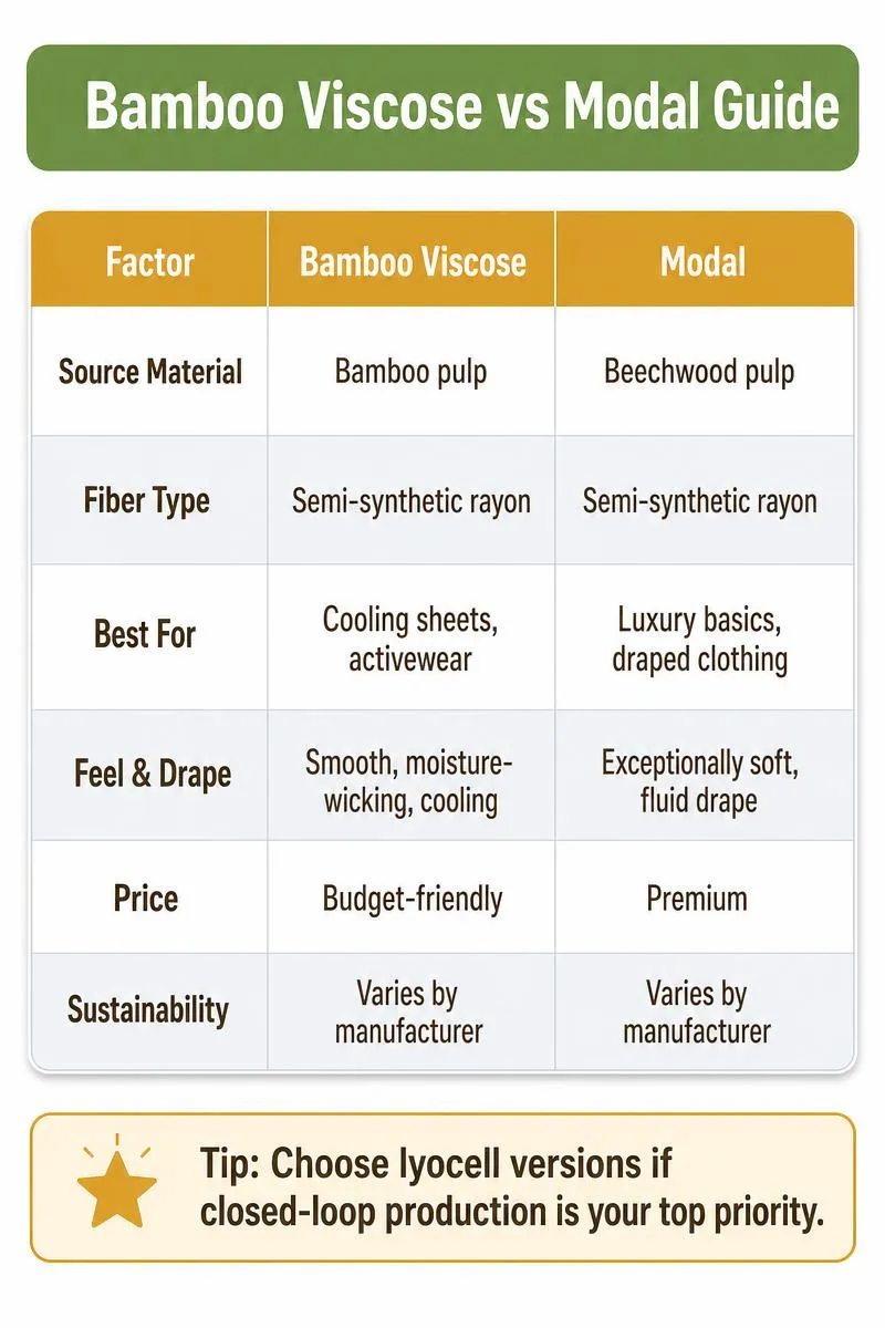 Infographic comparing bamboo viscose vs modal: source, feel, price, best uses, and sustainability tip