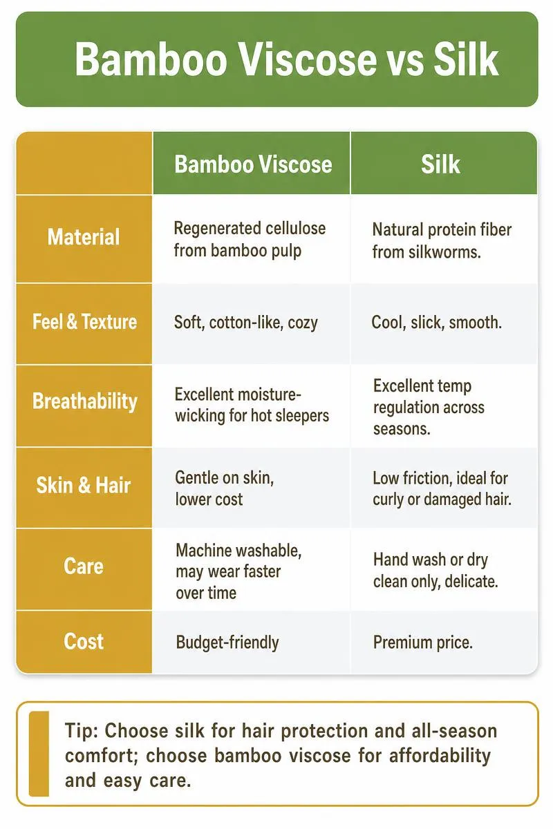 Infographic comparing bamboo viscose vs silk across material, texture, breathability, skin and hair, care, and cost