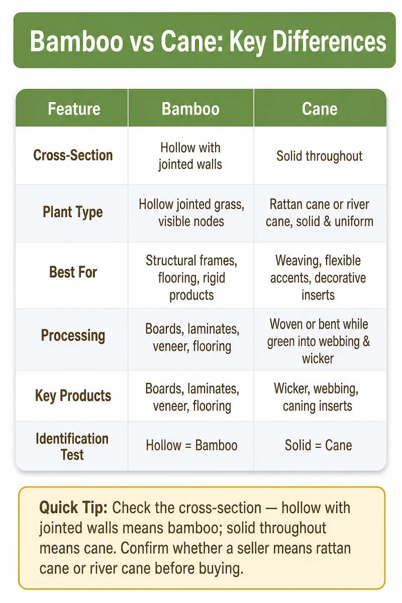 Infographic comparing bamboo vs cane: structure, uses, processing, and identification tips in a clean table format.