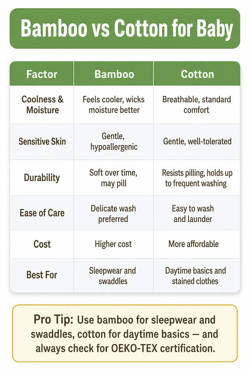 Infographic comparing bamboo vs cotton for baby clothes across coolness, skin sensitivity, durability, care, cost, and best use cases