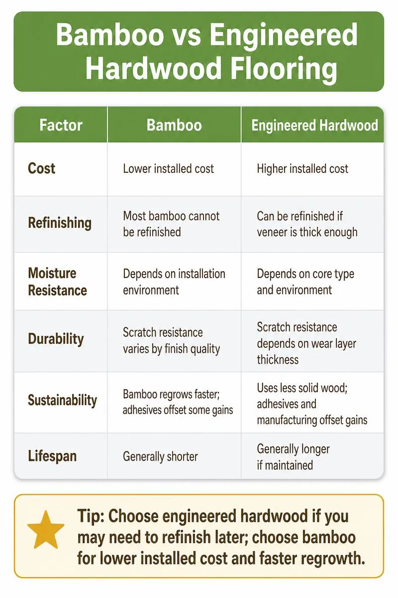 Bamboo vs engineered hardwood comparison infographic with cost, durability, refinishing, moisture, and sustainability data