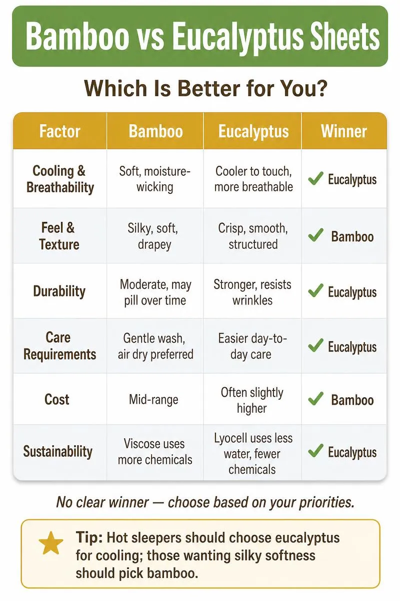 Bamboo vs Eucalyptus Sheets comparison infographic with cooling, feel, durability, cost, and sustainability data.