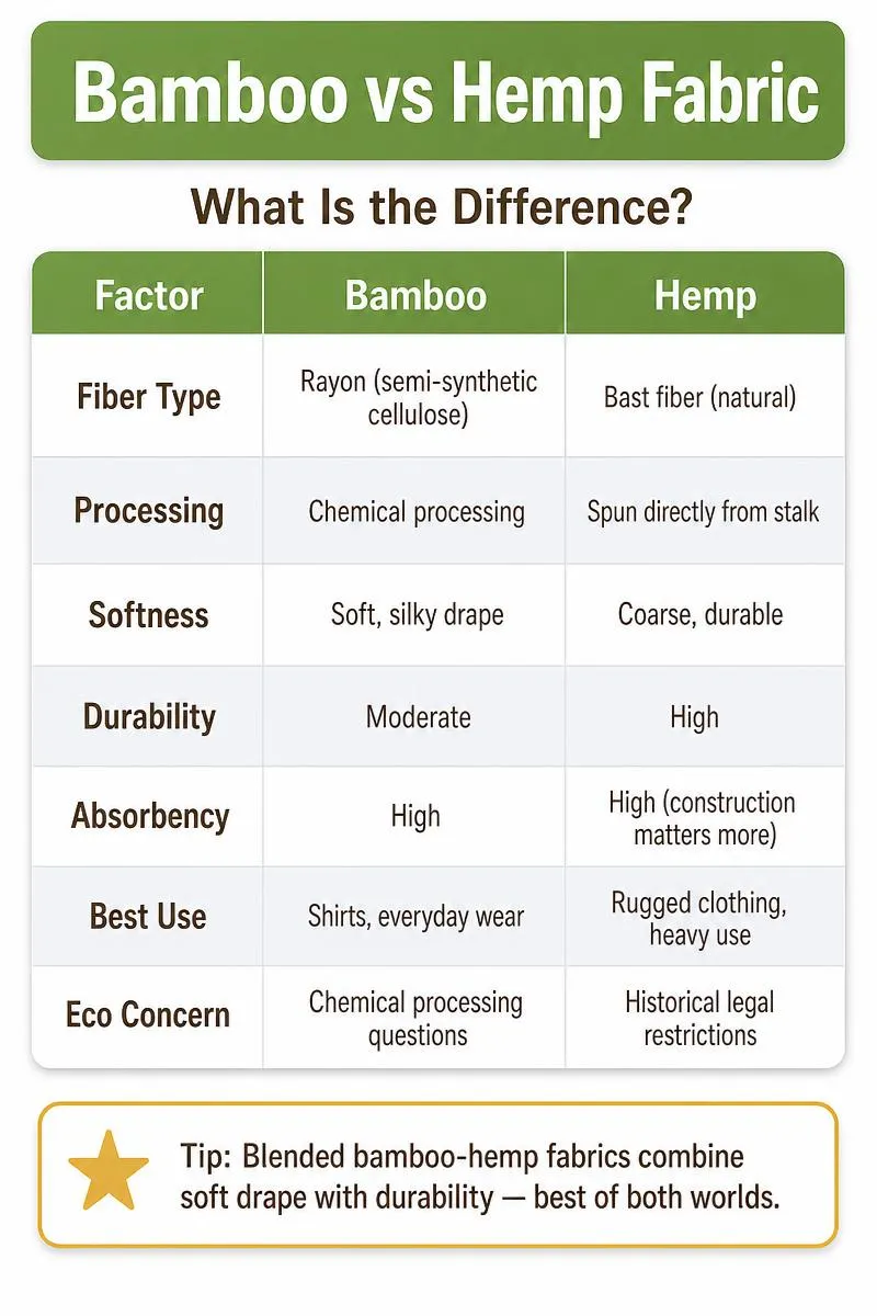 Bamboo vs Hemp fabric comparison infographic showing fiber type, processing, absorbency, and best uses.