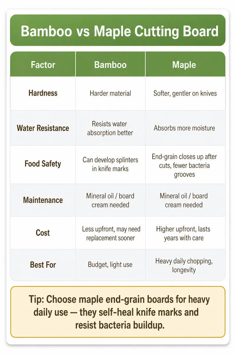Infographic comparing bamboo vs maple cutting boards across hardness, safety, maintenance, cost, and best use cases