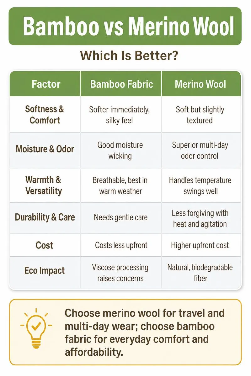 Bamboo vs Merino Wool comparison infographic with softness, moisture, warmth, durability, and cost categories.