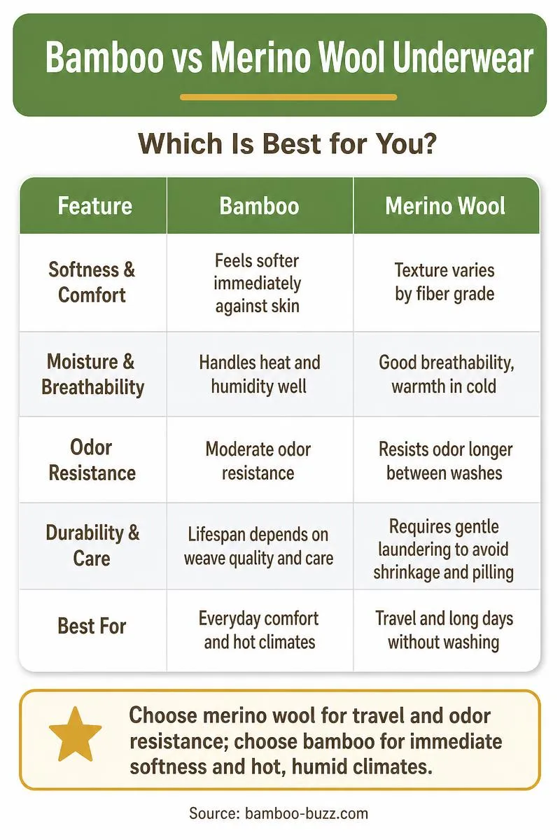 Infographic comparing bamboo vs merino wool underwear across softness, odor resistance, durability, and best use cases.