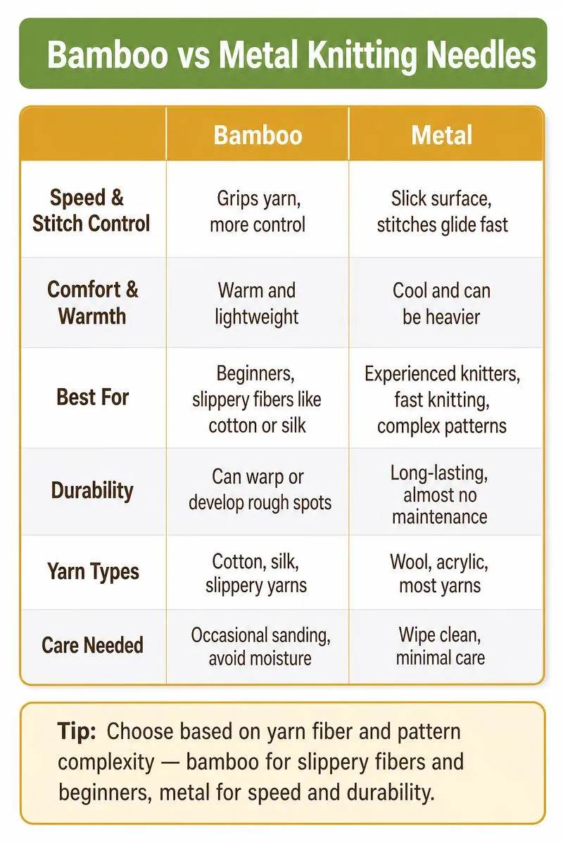 Infographic comparing bamboo vs metal knitting needles on speed, comfort, durability, best projects, and care tips.