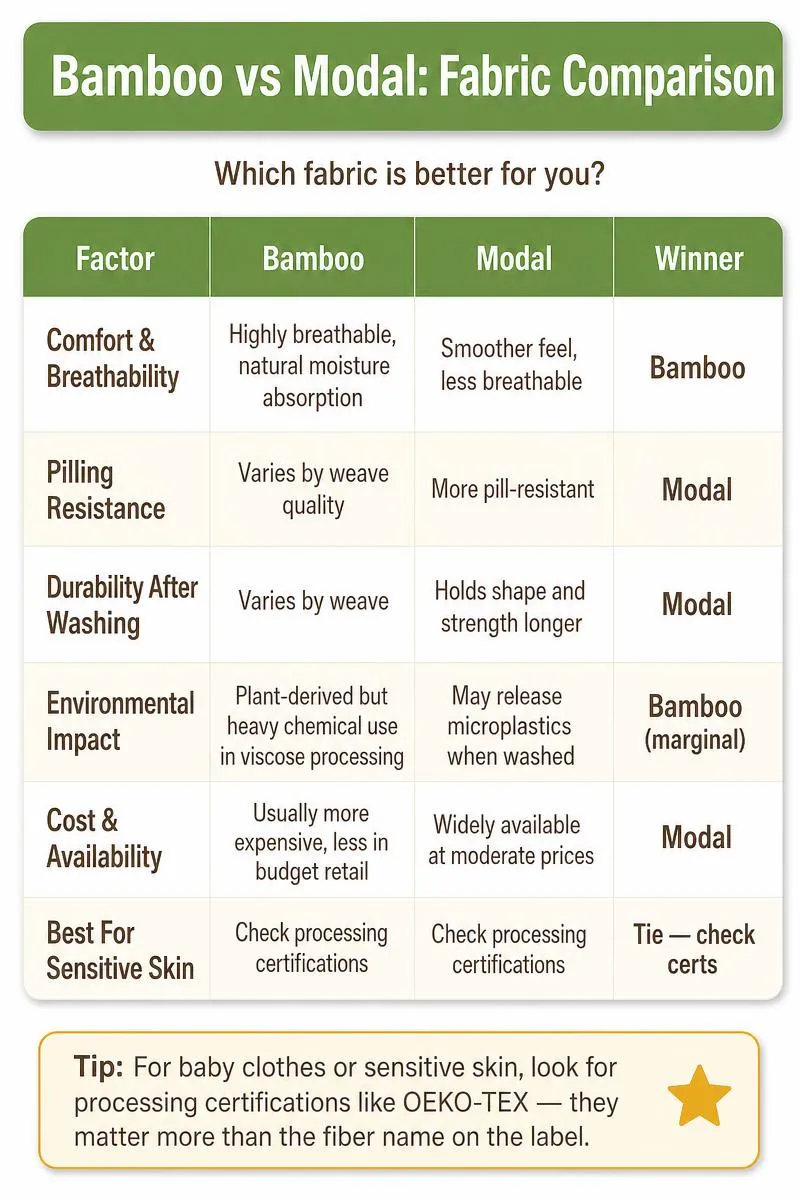 Infographic comparing bamboo vs modal fabric across comfort, durability, environment, cost, and sensitive skin factors.