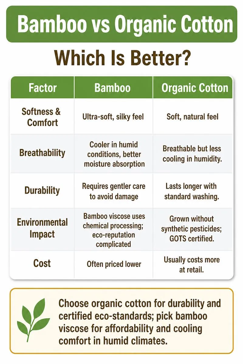 Infographic comparing bamboo vs organic cotton across softness, durability, environment, and cost with a buying tip.