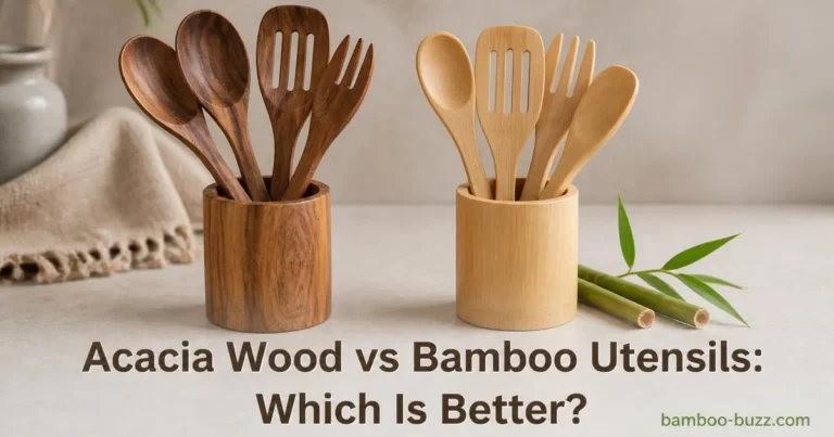 Acacia wood and bamboo utensils side by side on kitchen counter with bamboo stalk and soft natural lighting