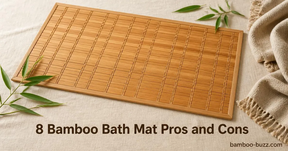 close angled photo of a woven bamboo bath mat on natural linen with scattered bamboo leaves and bold title text overlay