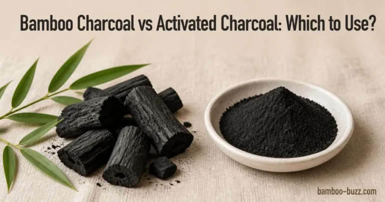 Side-by-side photo of chunky bamboo charcoal with bamboo leaves and fine activated charcoal powder in a dish on a natural linen surface
