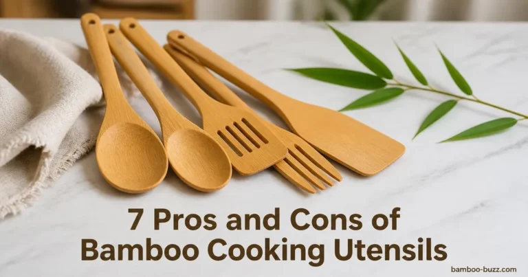 bamboo cooking utensils including spoons and spatulas on marble counter with bamboo leaves nearby and title overlay