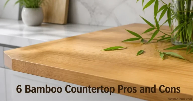 Close angled shot of smooth bamboo countertops with natural wood grain and bamboo leaves on a light marble kitchen counter