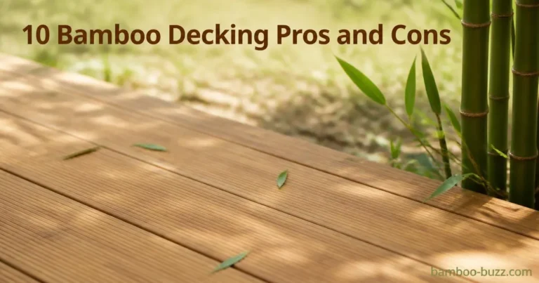 angled close-up of bamboo decking planks with bamboo stalk and leaves outside natural soft background