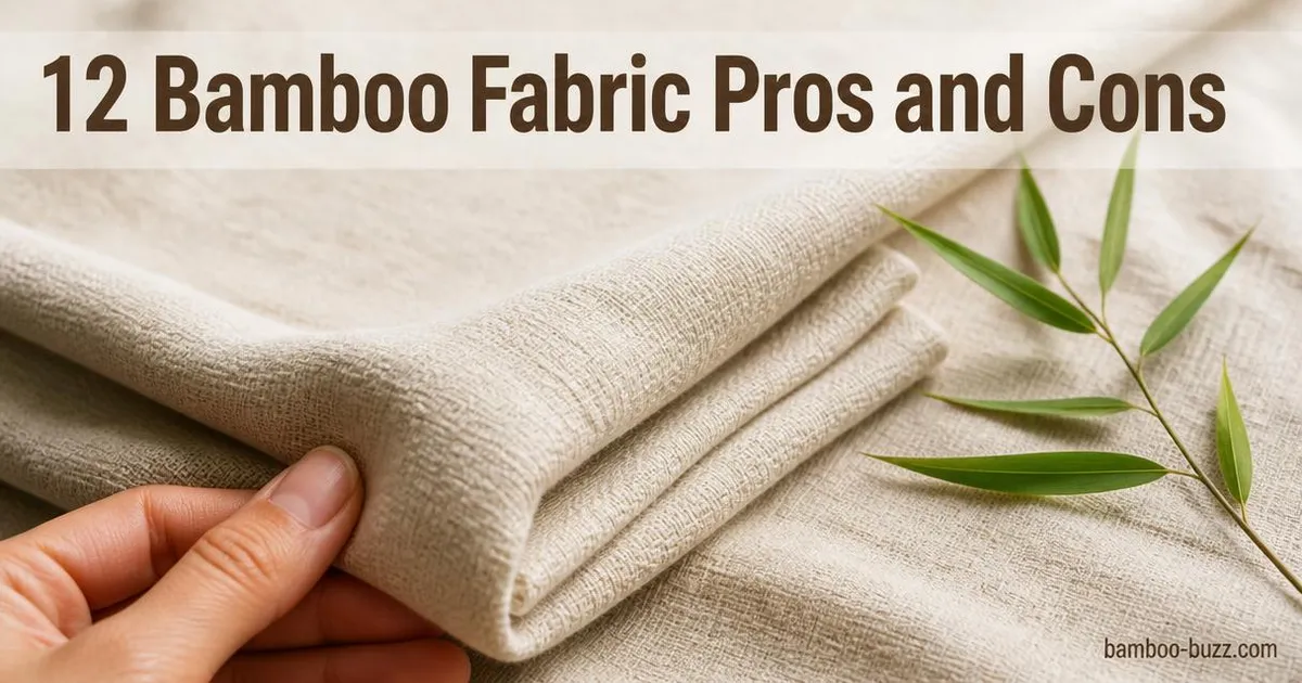 Folded bamboo fabric with visible texture and a sprig of bamboo leaves on natural linen background with title text overlay