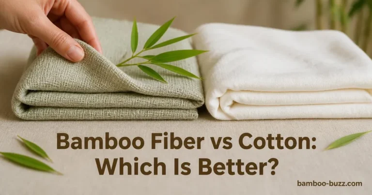 Side by side folded bamboo fiber and cotton fabrics on linen surface with bamboo leaf sprig and hand mid-fold