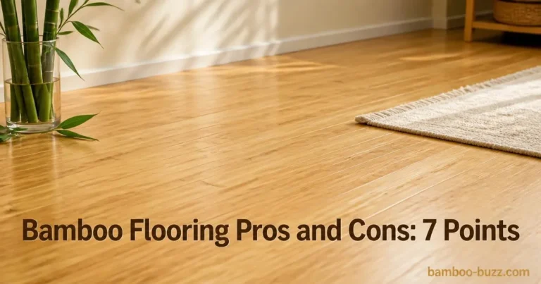 close angled shot of natural bamboo flooring planks with visible grain in a warm room with bamboo stalk and leaves nearby