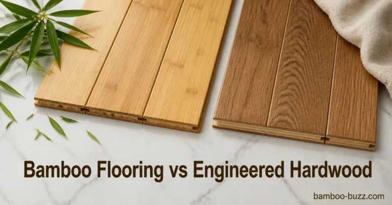 close-up comparison of bamboo flooring planks with bamboo leaves beside engineered hardwood planks on neutral background