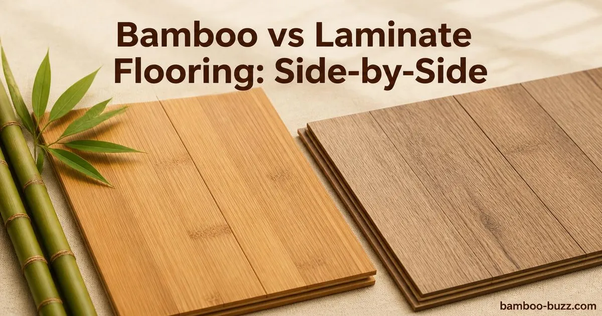angled close-up of bamboo flooring and laminate flooring planks side-by-side on a natural linen background with bamboo stalks nearby