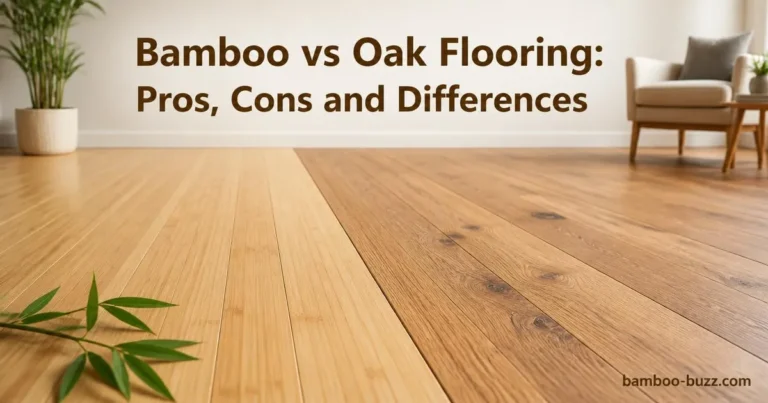 Side-by-side close-up of bamboo flooring and oak flooring planks in a modern room with bamboo leaves nearby