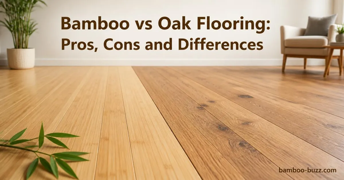 Side-by-side close-up of bamboo flooring and oak flooring planks in a modern room with bamboo leaves nearby