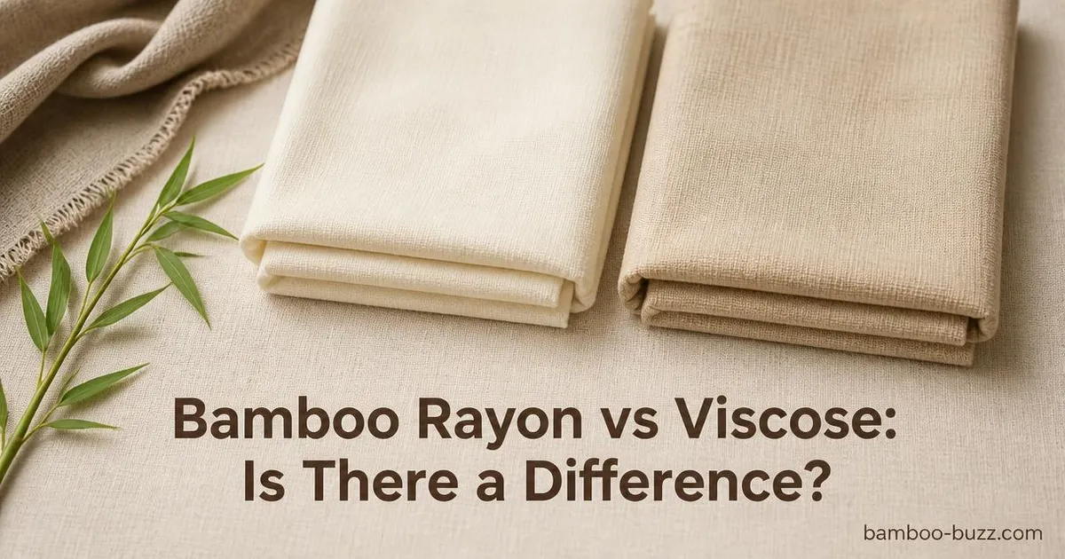 folded bamboo rayon and viscose fabrics side by side with a bamboo sprig on natural linen background and text overlay